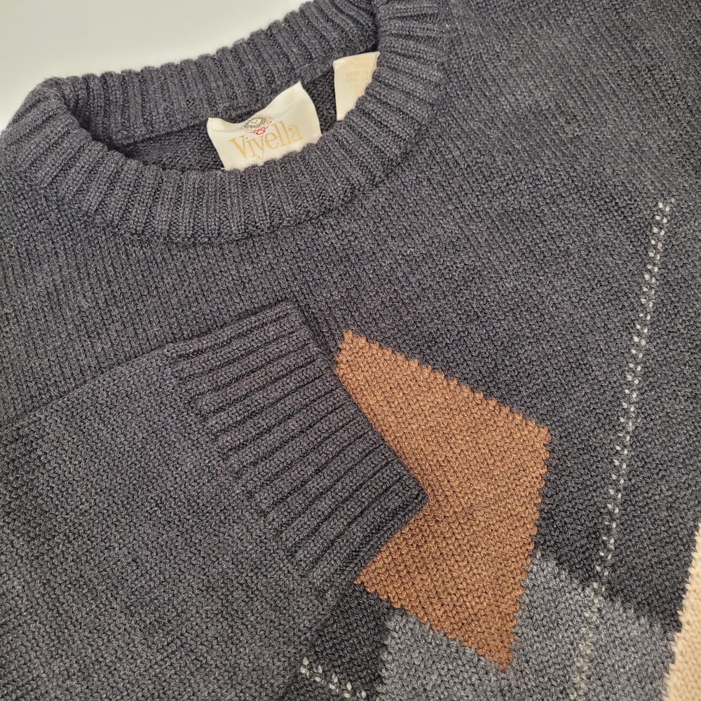Viyella Argyle Sweater Mens Large Charcoal Grey 100% Merino Wool Italy Excellent
